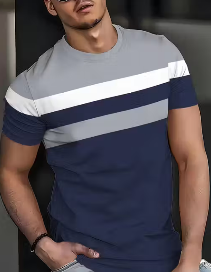 Men's Color Block Round Neck T-Shirt - Casual Summer Sportswear, Stretch Polyester Blend, Comfortable Knit Fabric for Casual Attire, Casual Outings | Relaxed Fit Top | Durable Fabric, T Shirt