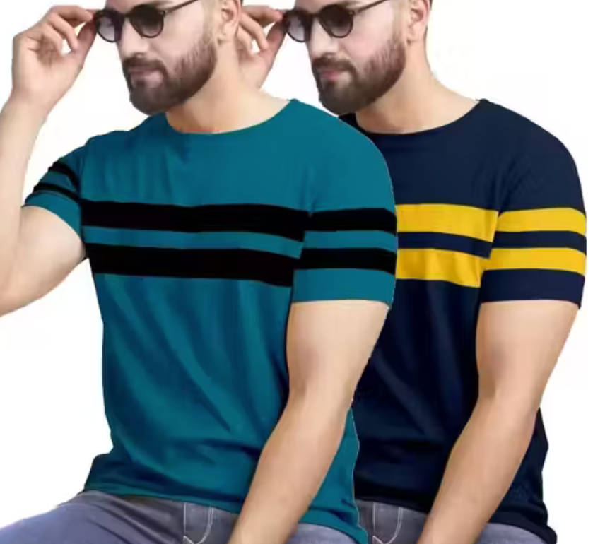 Men Striped Round Neck Cotton Blend "T-shirt" Combo Pack Off 2