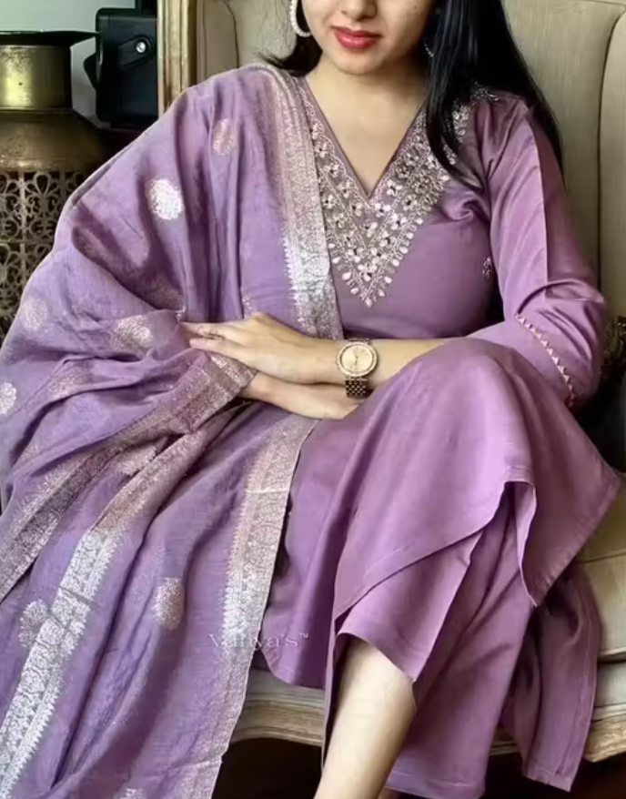 Women's Lavender Colour Rayon Slub V-neck Embroidered Straight Kurta Pant with Dupatta set