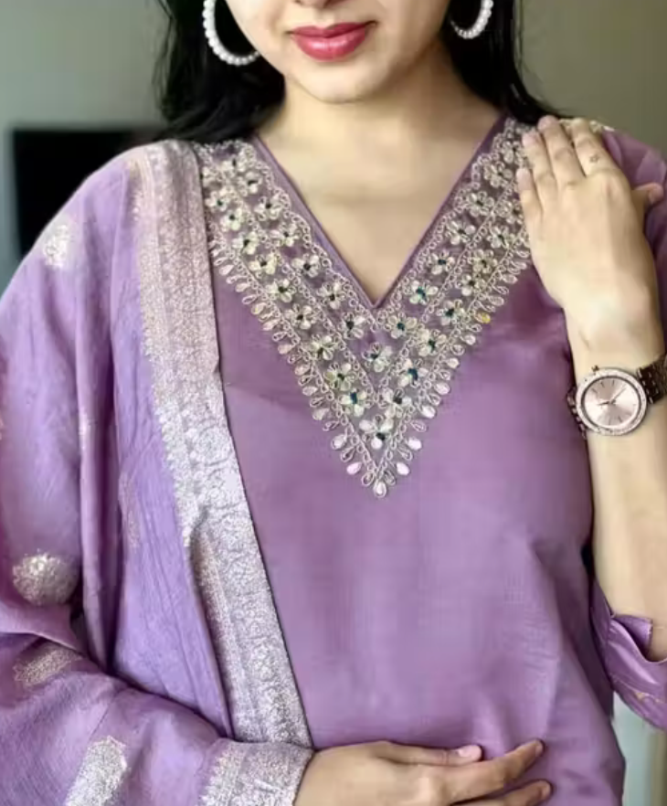 Women's Lavender Colour Rayon Slub V-neck Embroidered Straight Kurta Pant with Dupatta set