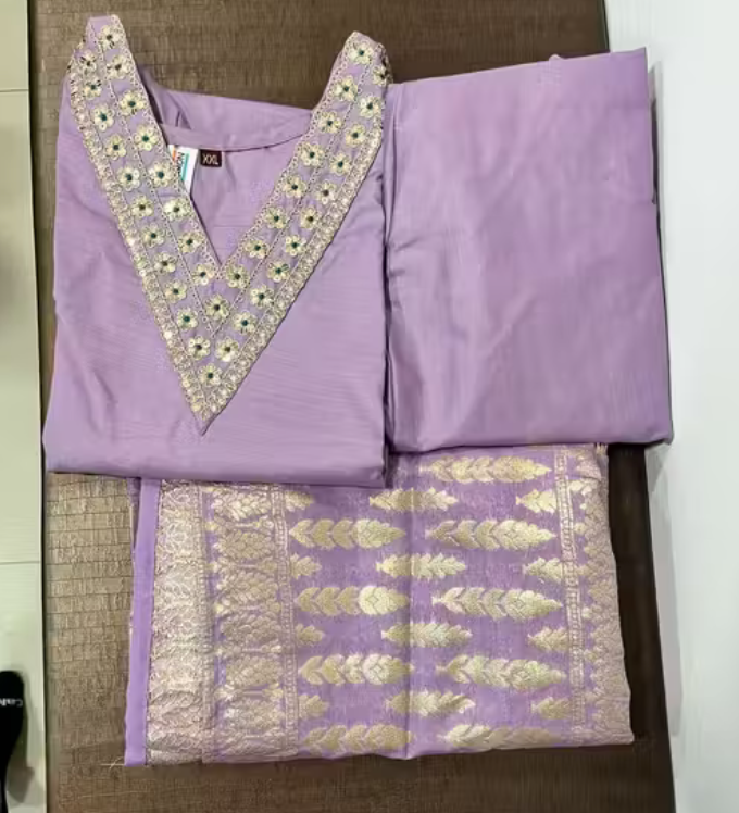 Women's Lavender Colour Rayon Slub V-neck Embroidered Straight Kurta Pant with Dupatta set