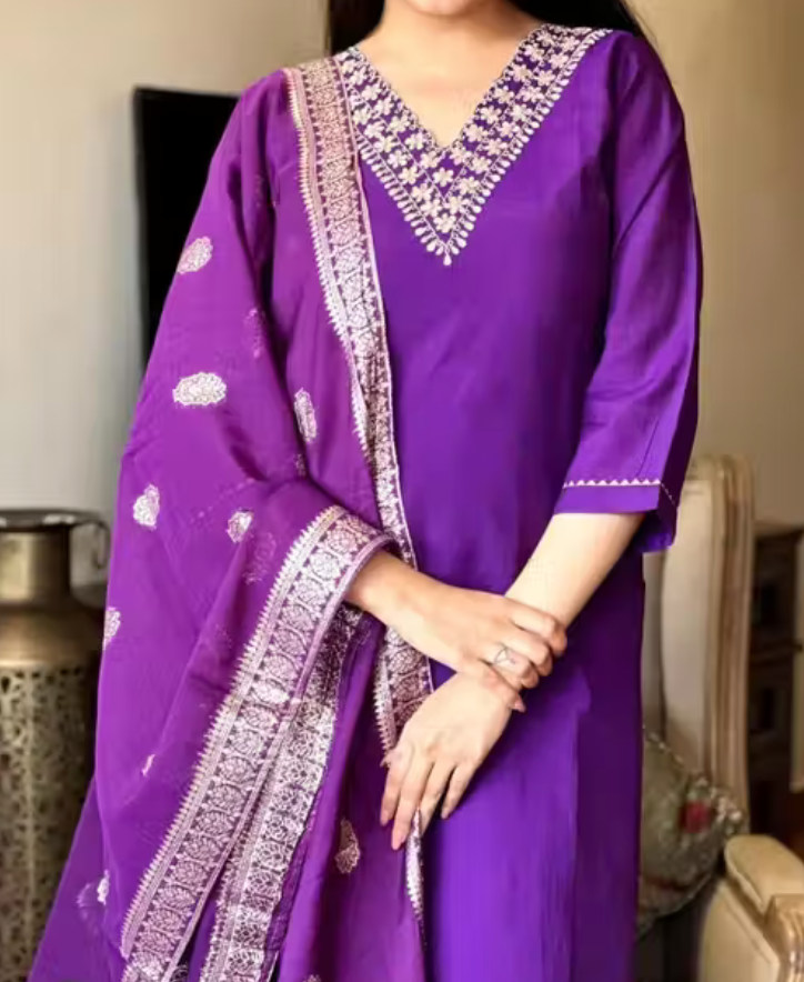 Women's Lavender Colour Rayon Slub V-neck Embroidered Straight Kurta Pant with Dupatta set
