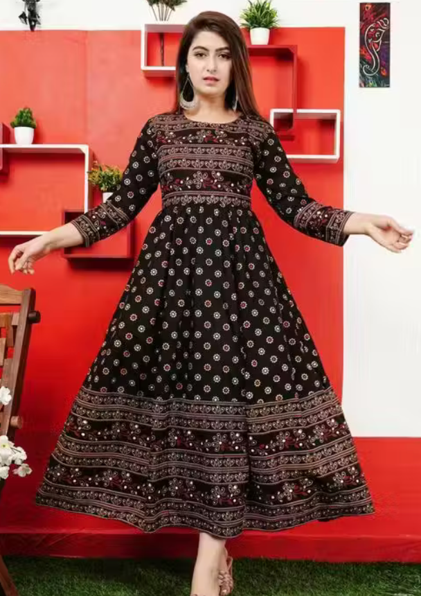 Stylish Rayon Printed Black Anarkli kurtis For women