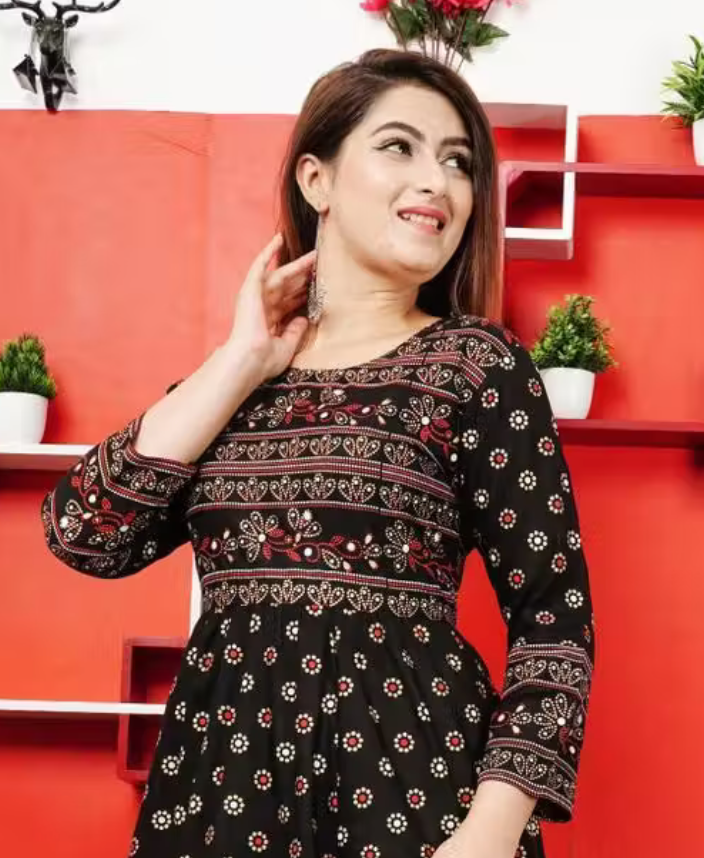 Stylish Rayon Printed Black Anarkli kurtis For women