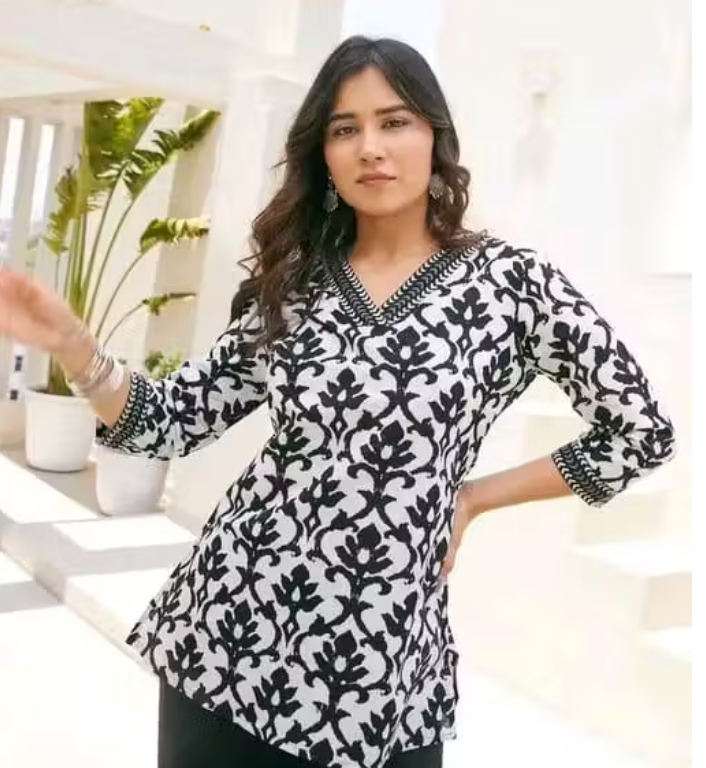 Cotton Three-Quarter Sleeves Printed Short Kurti for Women