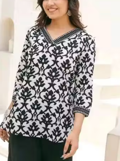 Cotton Three-Quarter Sleeves Printed Short Kurti for Women