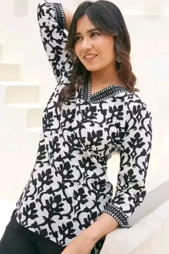 Cotton Three-Quarter Sleeves Printed Short Kurti for Women