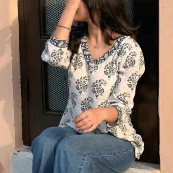 Pure Cotton Flower Printed V-Neck Designer Short Kurti For Women And Girls Best Comfy White Short Kurta With Blue Flower Print All Over The Kurti And Blue Flower Printed Lace Border Attached on Neckline And Sleeve