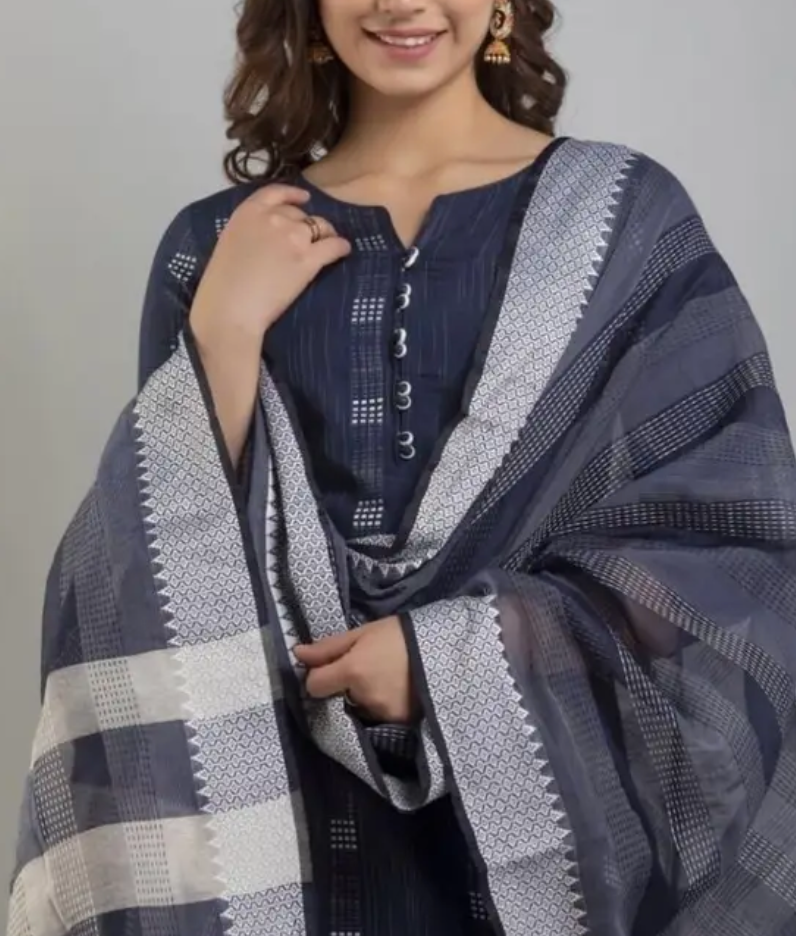 Women Printed Cotton Blend A-line Kurta With Attached Dupatta complete set