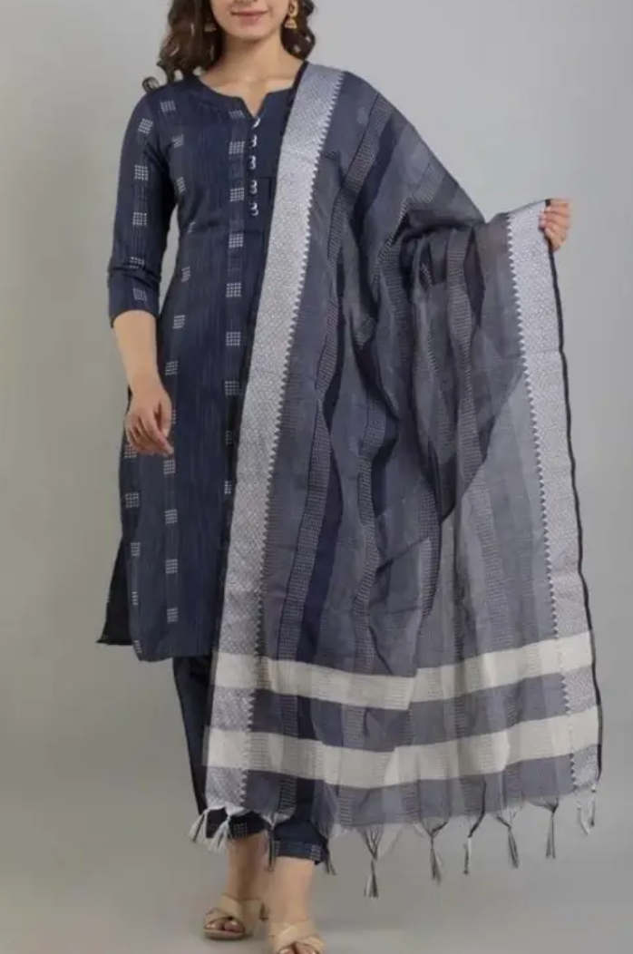 Women Printed Cotton Blend A-line Kurta With Attached Dupatta complete set