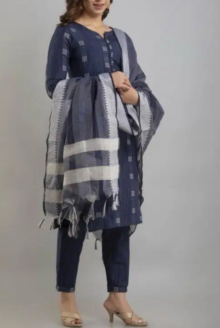 Women Printed Cotton Blend A-line Kurta With Attached Dupatta complete set