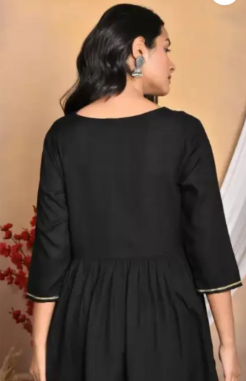 Women Embroidered Viscose Rayon Flared Kurta (Black)