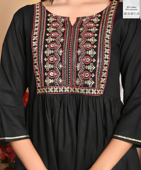 Women Embroidered Viscose Rayon Flared Kurta (Black)