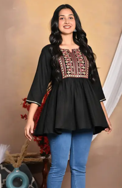 Women Embroidered Viscose Rayon Flared Kurta (Black)