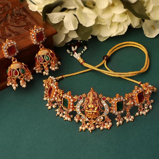 Latest Stylish Fancy Pearl Choker Traditional Jewellery Set for Women | Temple Necklace Set | Festive Wedding Party Necklace | 22k Gold Plated | Just Like Original Gold Jewellery