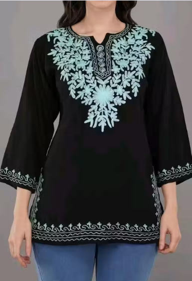 Stylish Women Hand Ari Embroidered Work Lucknowi Chikankari Regular Straight Black Cotton Kurta Kurti