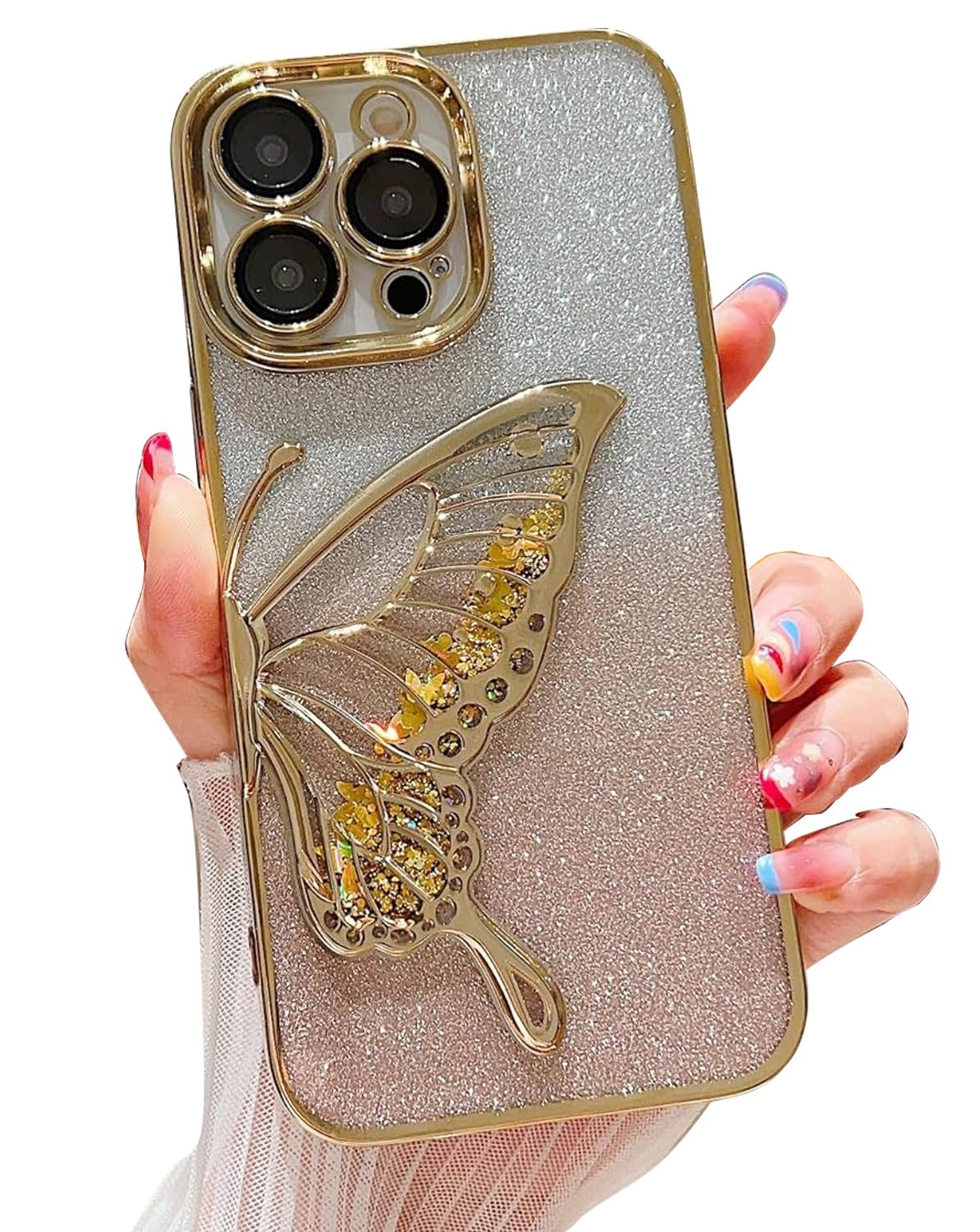 Butterfly Silicone Designed For iPhone 15 Pro Cover With Glitter Cute Butterfly Electroplating Design Back Cover Case For Women Teen Girls (Gold)