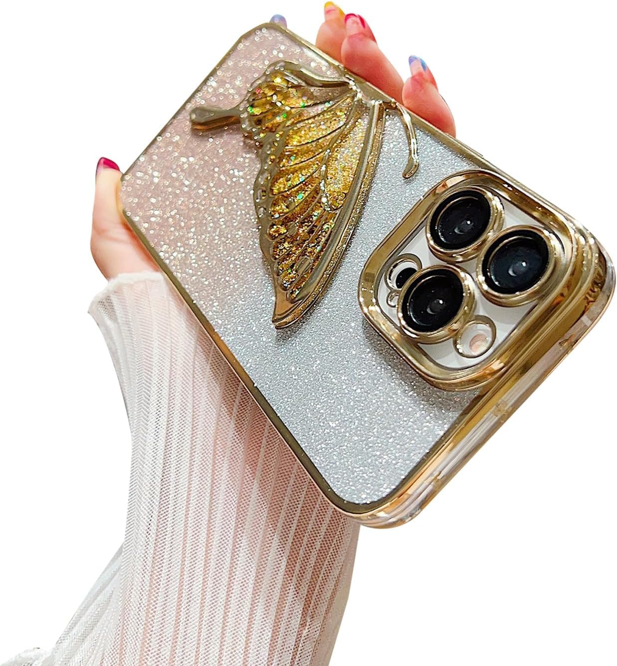 Butterfly Silicone Designed For iPhone 15 Pro Cover With Glitter Cute Butterfly Electroplating Design Back Cover Case For Women Teen Girls (Gold)