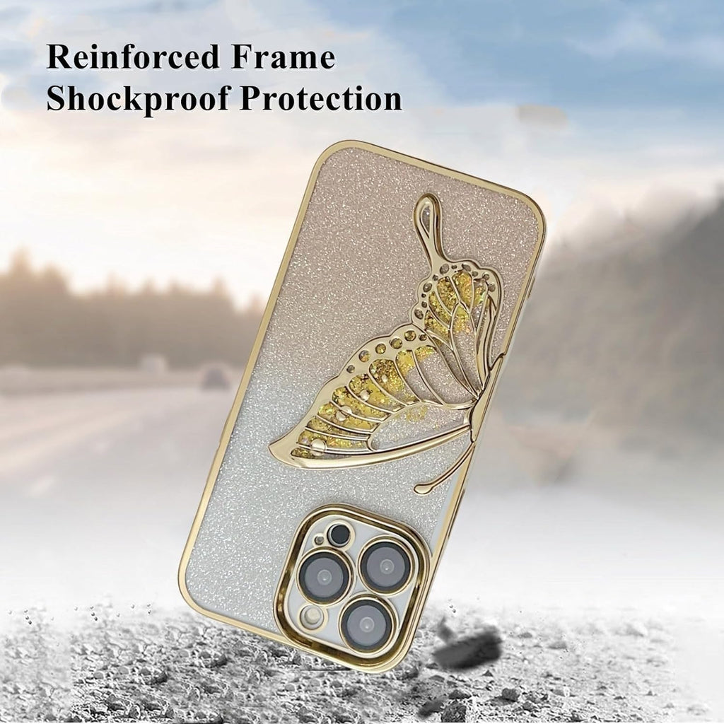 Butterfly Silicone Designed For iPhone 15 Pro Cover With Glitter Cute Butterfly Electroplating Design Back Cover Case For Women Teen Girls (Gold)