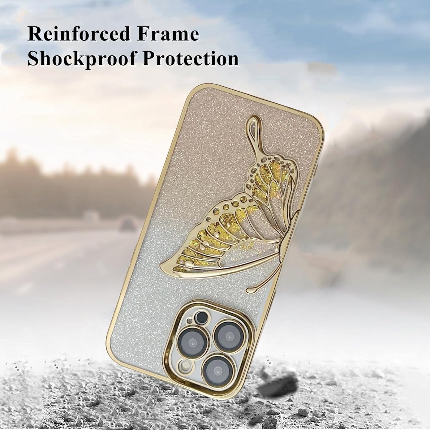 Butterfly Silicone Designed For iPhone 15 Pro Cover With Glitter Cute Butterfly Electroplating Design Back Cover Case For Women Teen Girls (Gold)