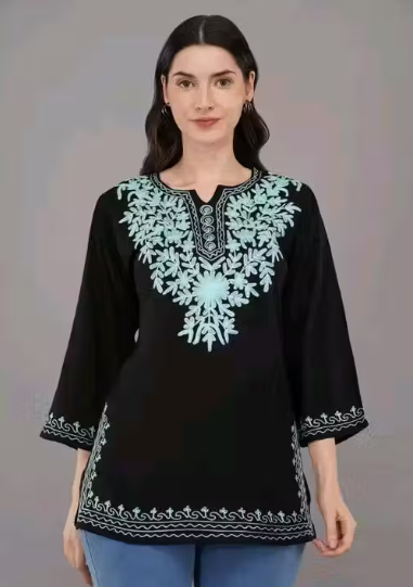 Stylish Women Hand Ari Embroidered Work Lucknowi Chikankari Regular Straight Black Cotton Kurta Kurti