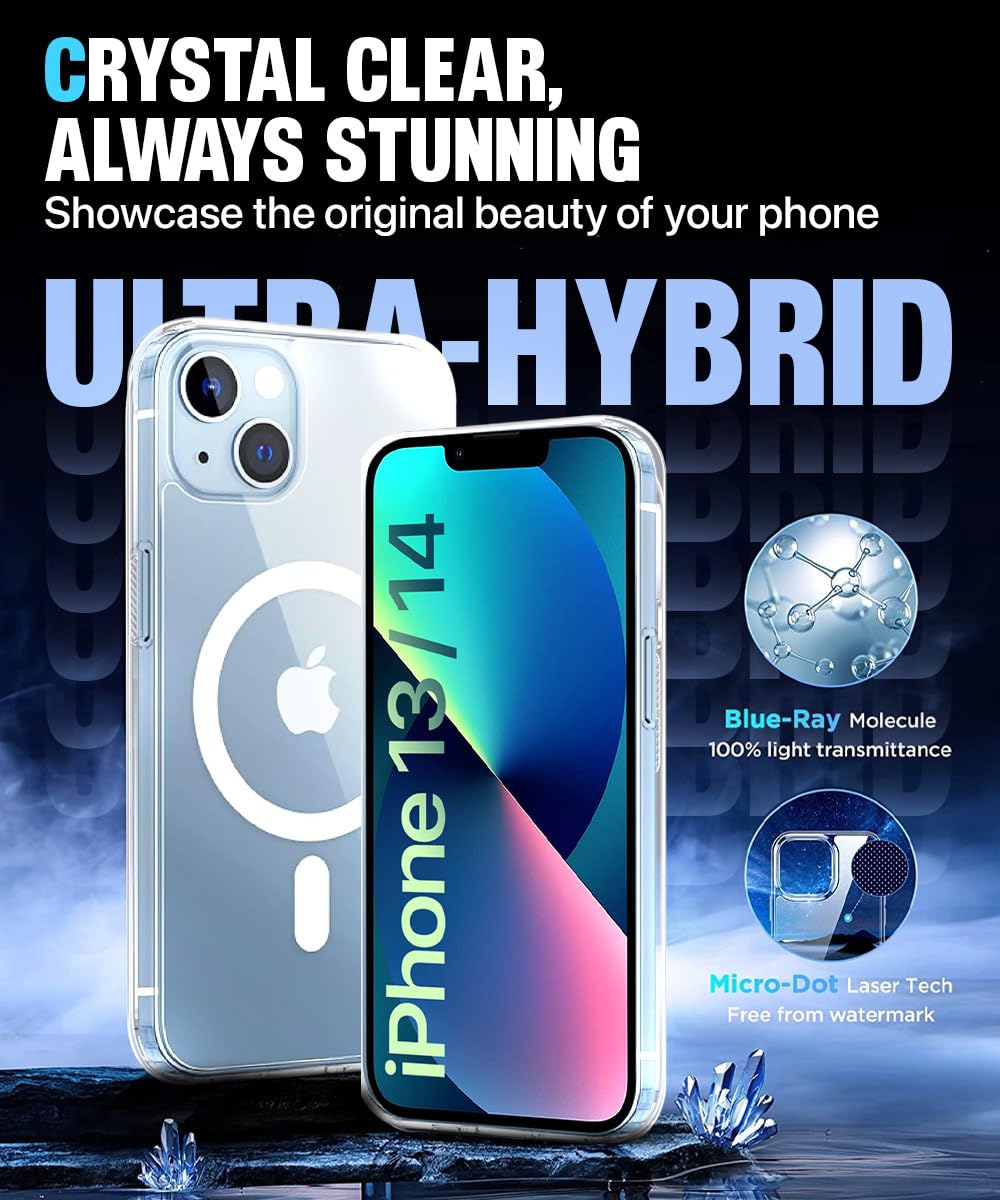 Crystal Ultra-Hybrid Back Case Cover for iPhone 13/14 | MagSafe Compatible | Sleek Hard Crystal Clear Back | Shockproof Mobile Case (Transparent)