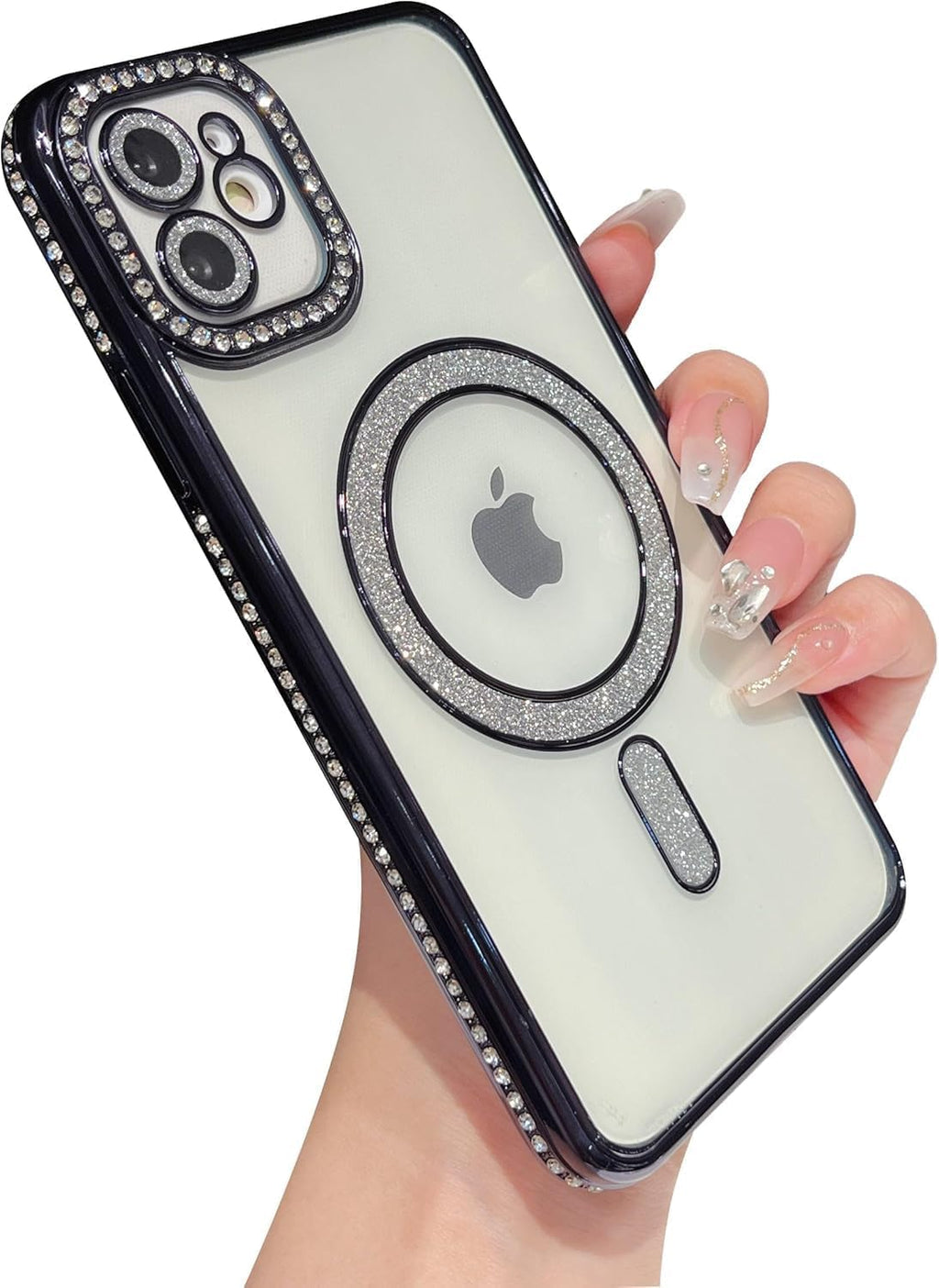Black Diamond Case Compatible with iPhone 12, Cute Soft Clear Rhinestone Diamond Glitter Cover Women & Girls Compatible with MagSaf Camera Lens Protection Cases for iPhone 12