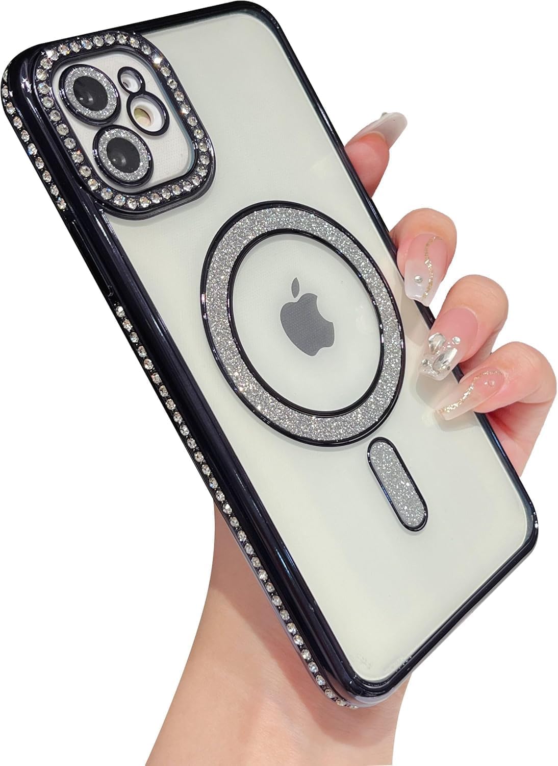 Black Diamond Case Compatible with iPhone 12, Cute Soft Clear Rhinestone Diamond Glitter Cover Women & Girls Compatible with MagSaf Camera Lens Protection Cases for iPhone 12