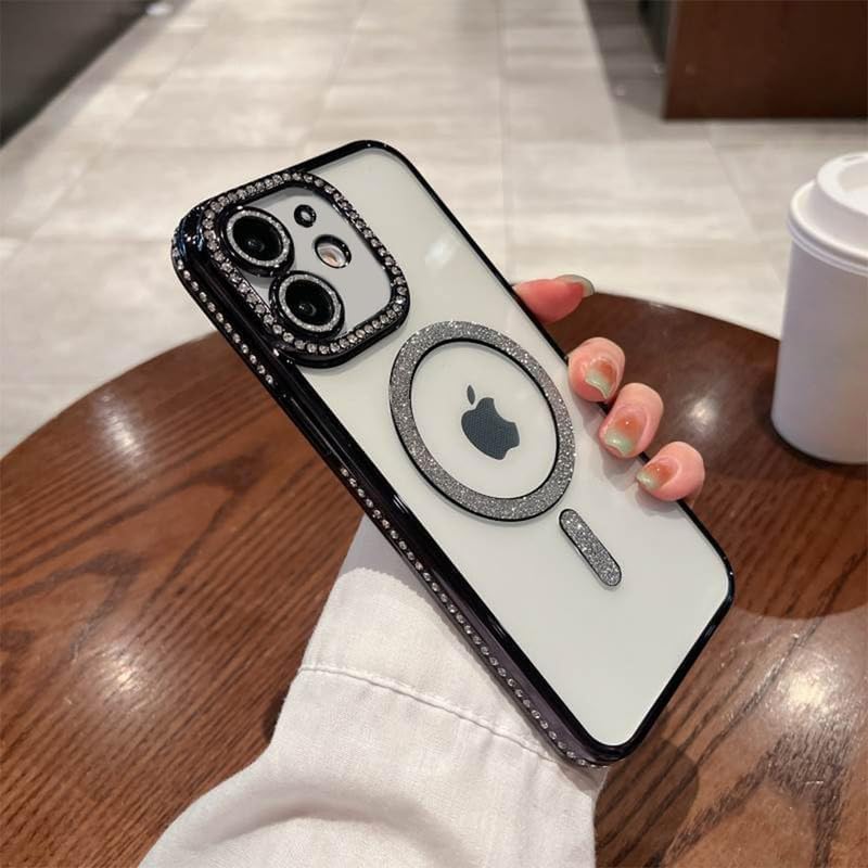 Black Diamond Case Compatible with iPhone 12, Cute Soft Clear Rhinestone Diamond Glitter Cover Women & Girls Compatible with MagSaf Camera Lens Protection Cases for iPhone 12