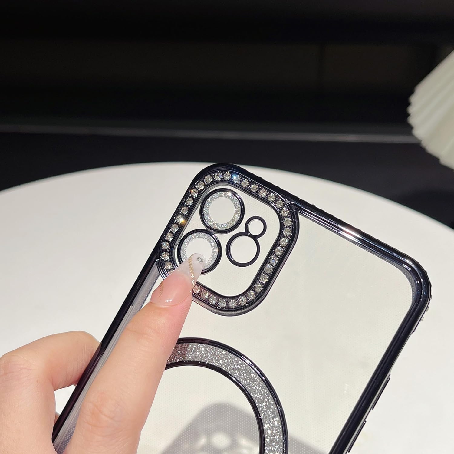 Black Diamond Case Compatible with iPhone 12, Cute Soft Clear Rhinestone Diamond Glitter Cover Women & Girls Compatible with MagSaf Camera Lens Protection Cases for iPhone 12