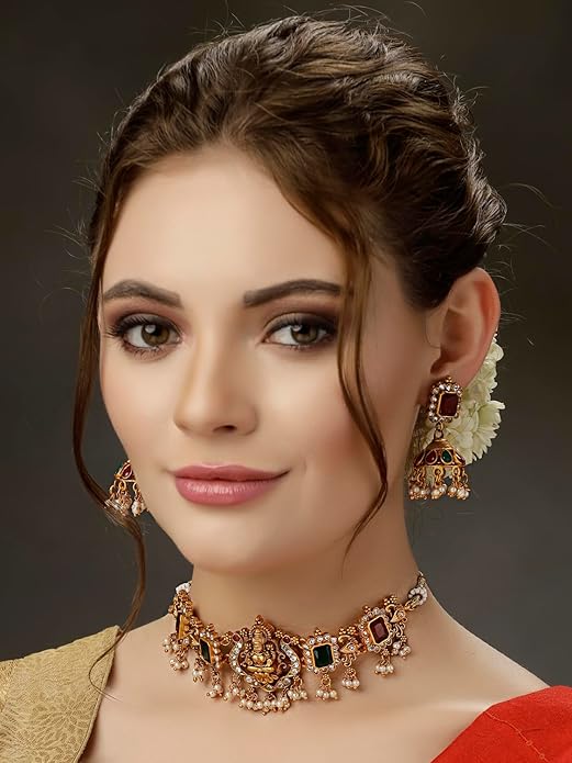 Latest Stylish Fancy Pearl Choker Traditional Jewellery Set for Women | Temple Necklace Set | Festive Wedding Party Necklace | 22k Gold Plated | Just Like Original Gold Jewellery