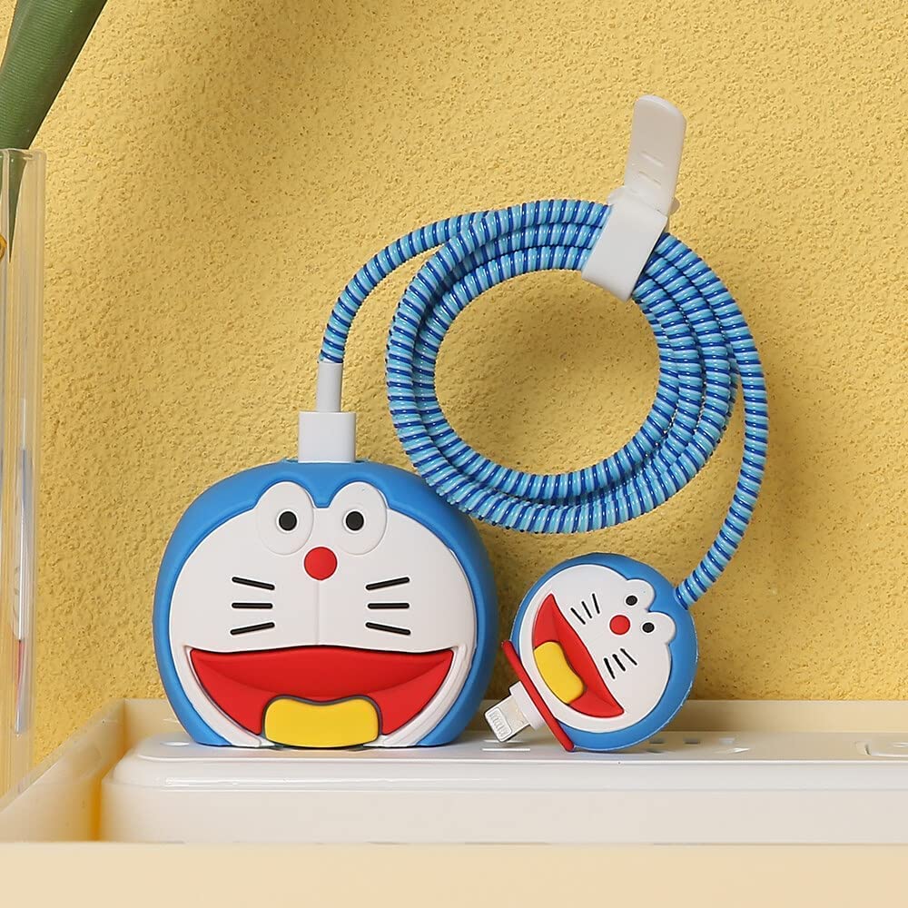 Doremon Charger Case Cover with Full Cable Protector 3D Cute Pattern Compatible for iPhone Charger Only 18W & 20W iPhone 16,iPhone 13,iPhone 15,iPhone 14 (Blue, Doraemon,Doremon)