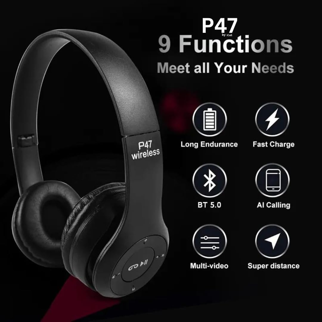 P47 Gaming Headphones Bluetooth Wireless Over Ear Headphone (Black)