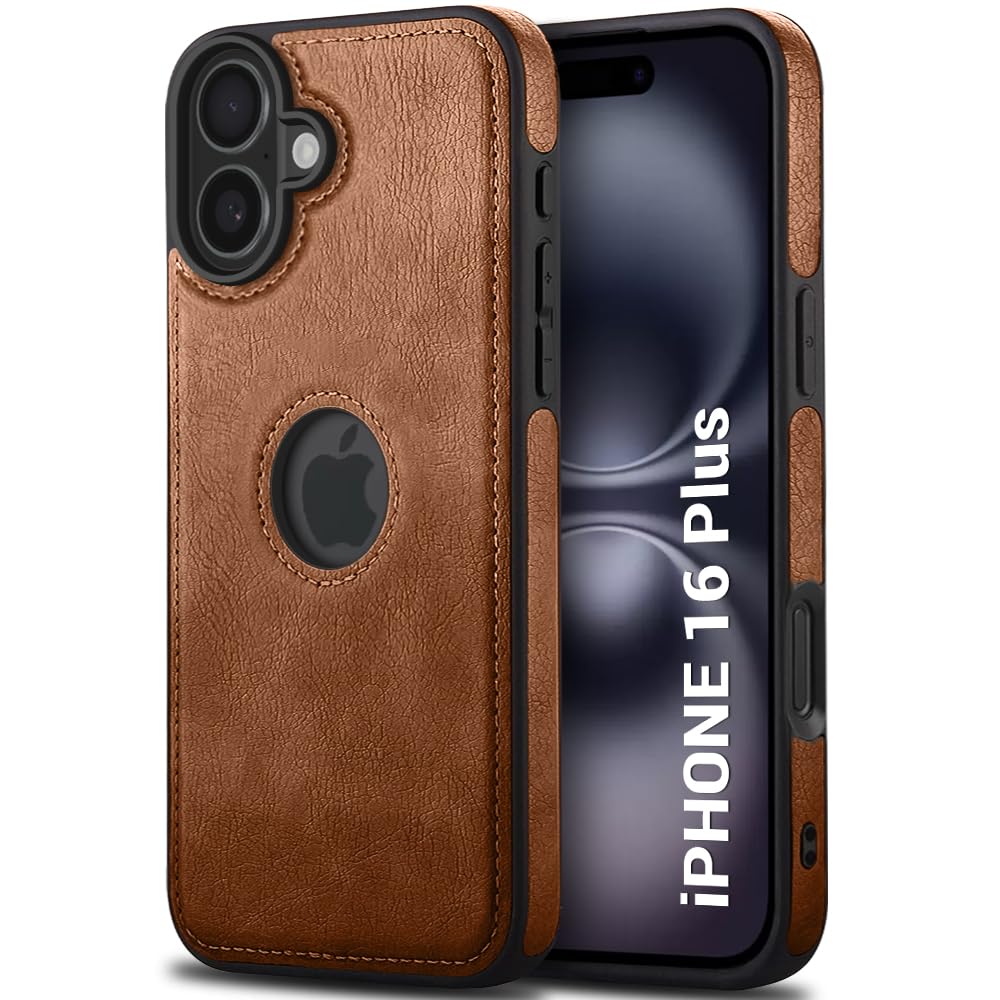 Genuine Leather Finish Back Cover Case for iPhone 16 Plus | Shockproof Design | Raised Edges for Camera & Screen Protection | Stunning Minimalist Design Cover for iPhone 16 Plus (Light Brown)