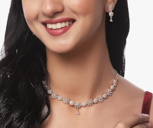 Rhodium Plated Silver Toned White American Diamond Studded Necklace With Earring Jewellery Set For Women and Girl