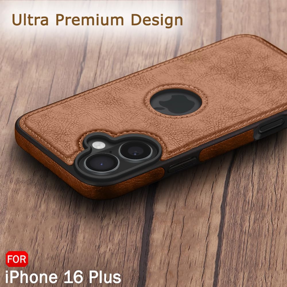 Genuine Leather Finish Back Cover Case for iPhone 16 Plus | Shockproof Design | Raised Edges for Camera & Screen Protection | Stunning Minimalist Design Cover for iPhone 16 Plus (Light Brown)