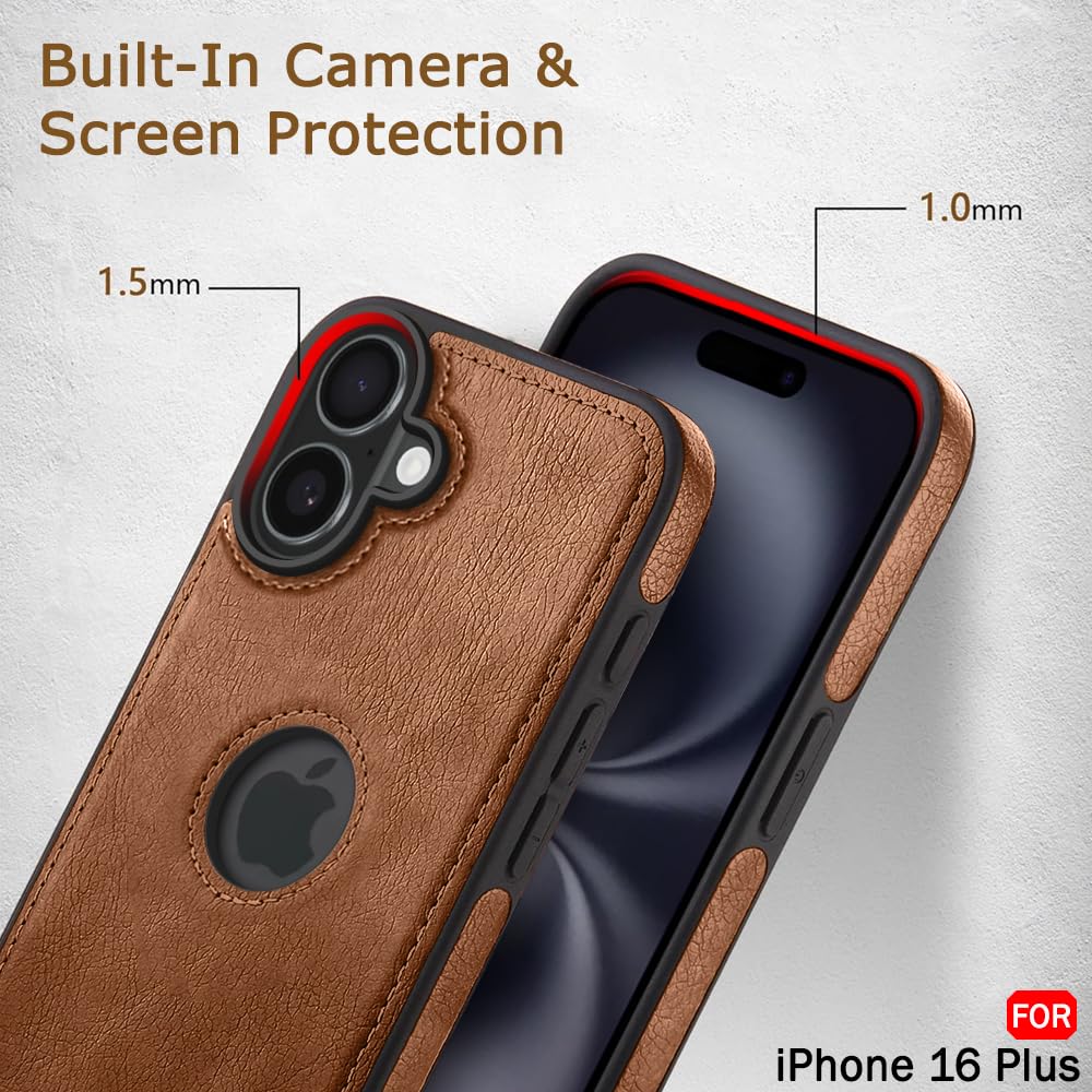 Genuine Leather Finish Back Cover Case for iPhone 16 Plus | Shockproof Design | Raised Edges for Camera & Screen Protection | Stunning Minimalist Design Cover for iPhone 16 Plus (Light Brown)