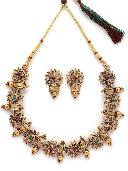 Indian Traditional 18k Gold Plated Red Green Choker Necklace with Studs Earring Jewellery Set for Women & Girls