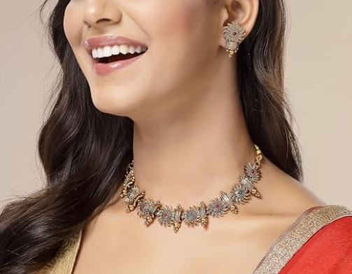 Indian Traditional 18k Gold Plated Red Green Choker Necklace with Studs Earring Jewellery Set for Women & Girls