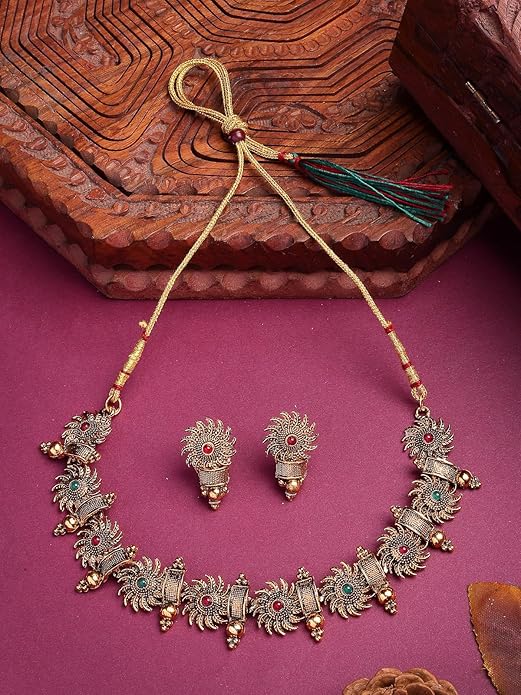 Indian Traditional 18k Gold Plated Red Green Choker Necklace with Studs Earring Jewellery Set for Women & Girls