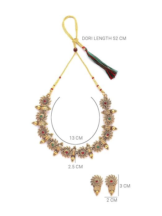 Indian Traditional 18k Gold Plated Red Green Choker Necklace with Studs Earring Jewellery Set for Women & Girls