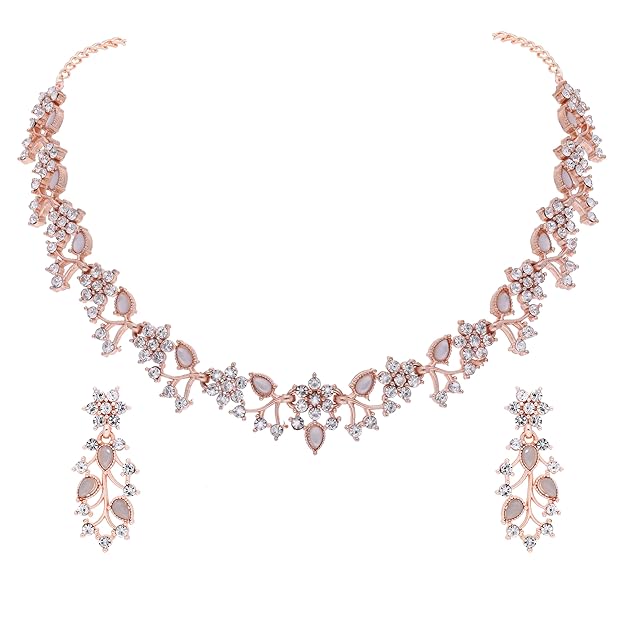 Rose Gold-Plated Artificial Stone Studded Necklace Jewellery Set With 1 Pair Of Earring