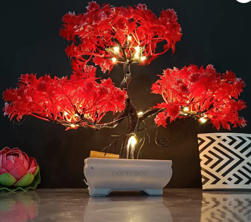LED Artificial Tree - Elevate Your Home Décor with Stunning Lifelike Greenery Artificial Plant with Pot  (24 cm, Red)