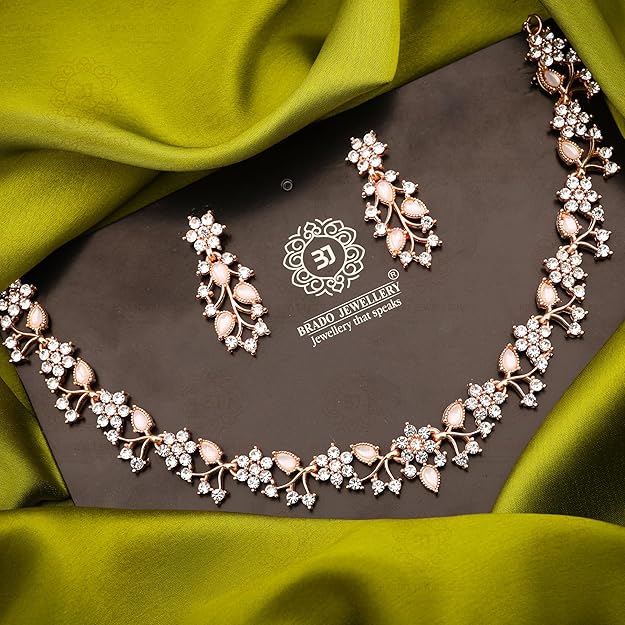 Rose Gold-Plated Artificial Stone Studded Necklace Jewellery Set With 1 Pair Of Earring