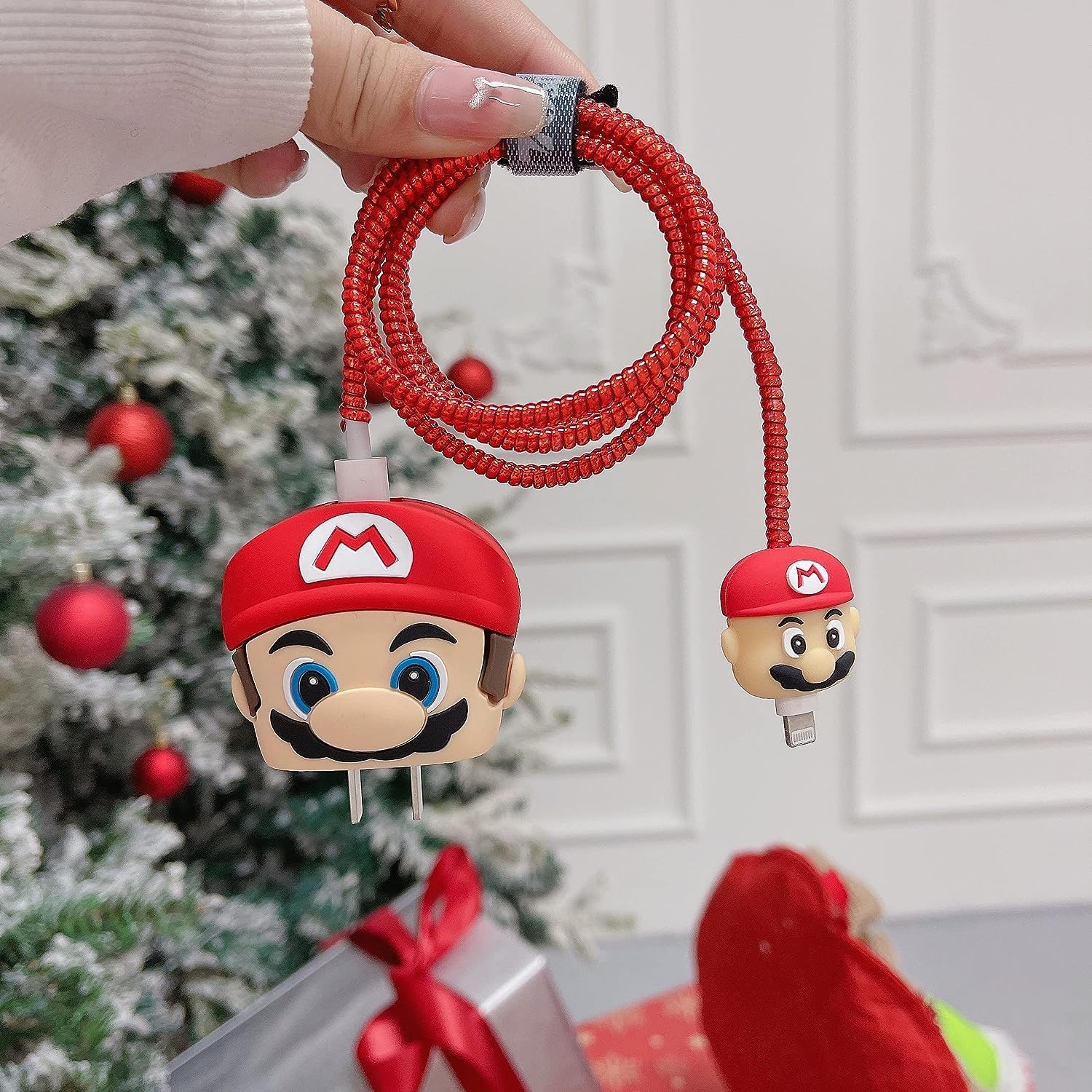 Mario Cute Cartoon Protective Case for iPhone 18W & 20W USB-C Adapter Charger Cable, Unique Design Funny 3D Cartoon Charger Cover Cable Protector for iPhone Fast Charger (Red Mario)