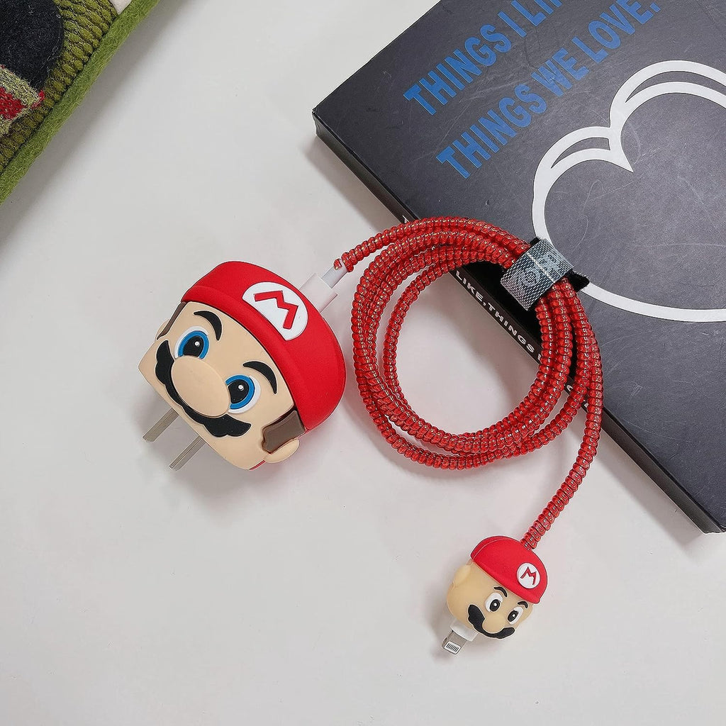 Mario Cute Cartoon Protective Case for iPhone 18W & 20W USB-C Adapter Charger Cable, Unique Design Funny 3D Cartoon Charger Cover Cable Protector for iPhone Fast Charger (Red Mario)