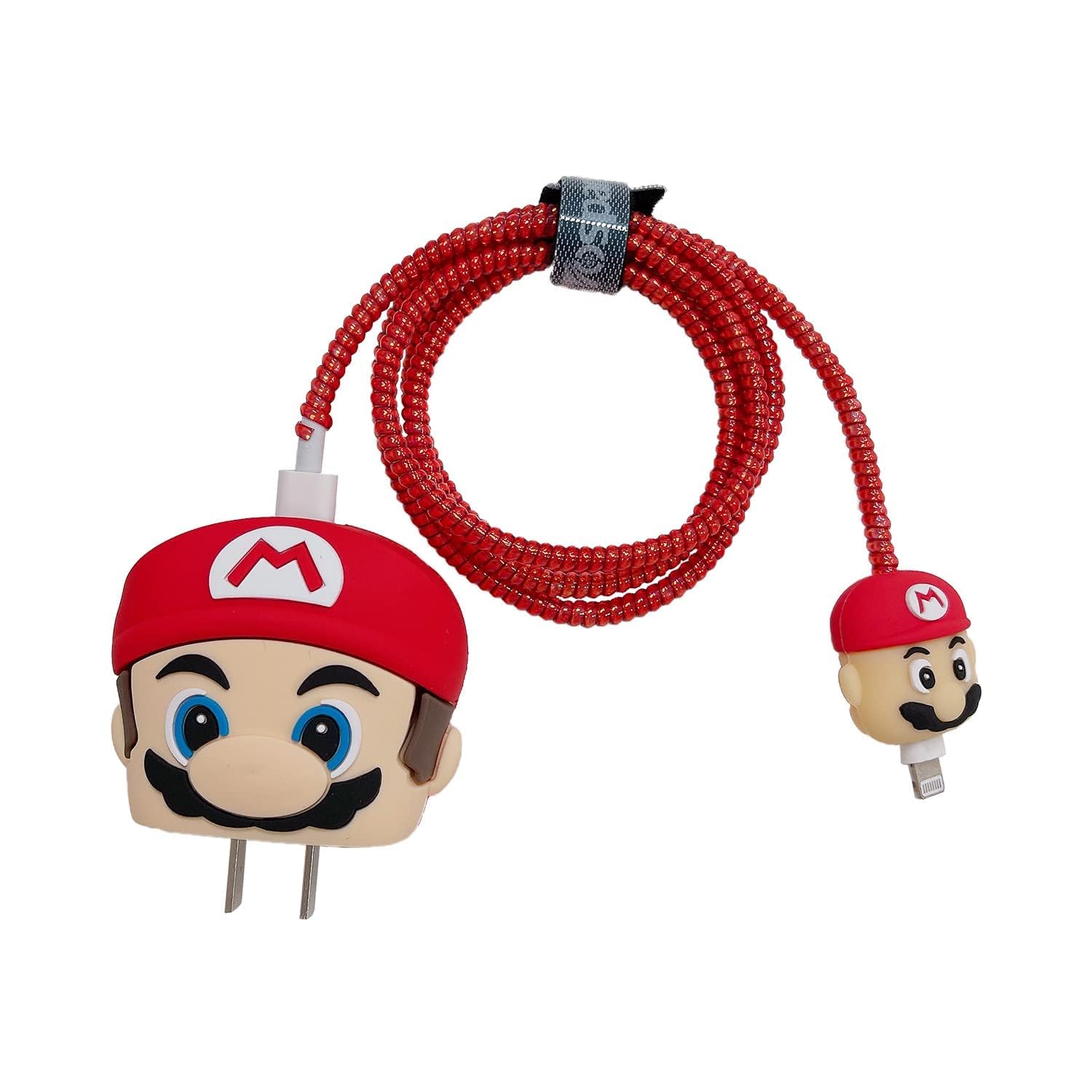 Mario Cute Cartoon Protective Case for iPhone 18W & 20W USB-C Adapter Charger Cable, Unique Design Funny 3D Cartoon Charger Cover Cable Protector for iPhone Fast Charger (Red Mario)