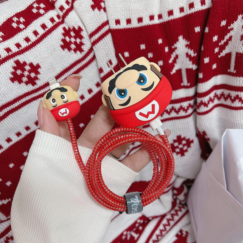 Mario Cute Cartoon Protective Case for iPhone 18W & 20W USB-C Adapter Charger Cable, Unique Design Funny 3D Cartoon Charger Cover Cable Protector for iPhone Fast Charger (Red Mario)