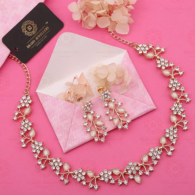 Rose Gold-Plated Artificial Stone Studded Necklace Jewellery Set With 1 Pair Of Earring