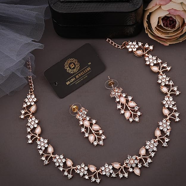 Rose Gold-Plated Artificial Stone Studded Necklace Jewellery Set With 1 Pair Of Earring